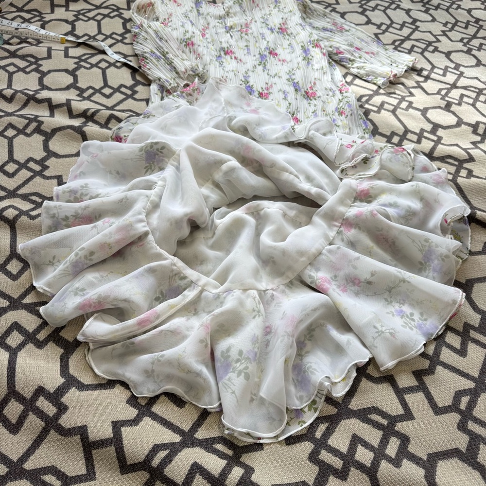 Judy Hornby I.Magnin Silk Floral Pleated Tiered Ruffle Dress 80s Art Deco Sz 14 - Picture 15 of 17